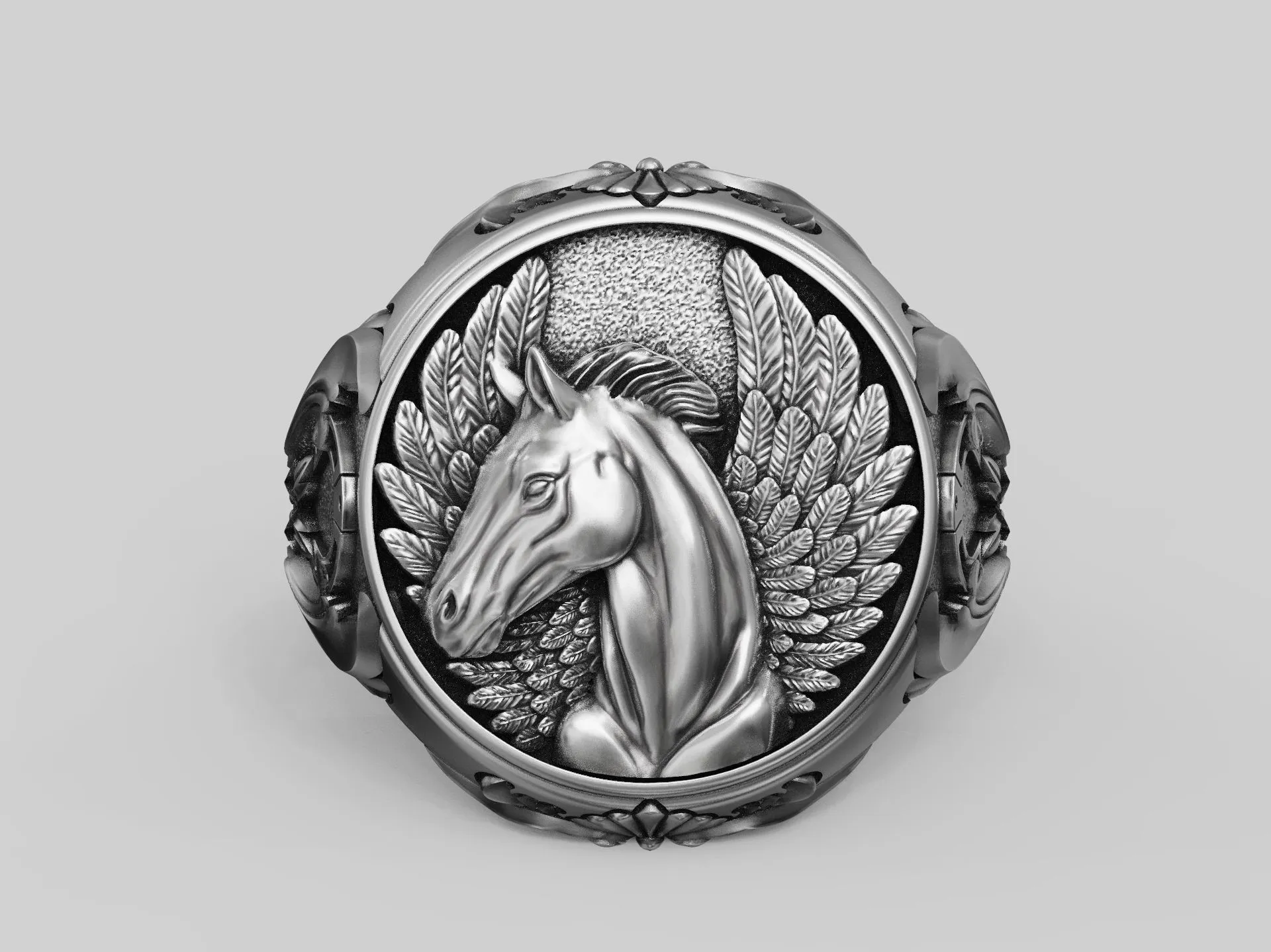 Silver signet ring featuring a detailed Pegasus horse with wings design, symbolizing freedom and strength, perfect for those who embrace a bold style.