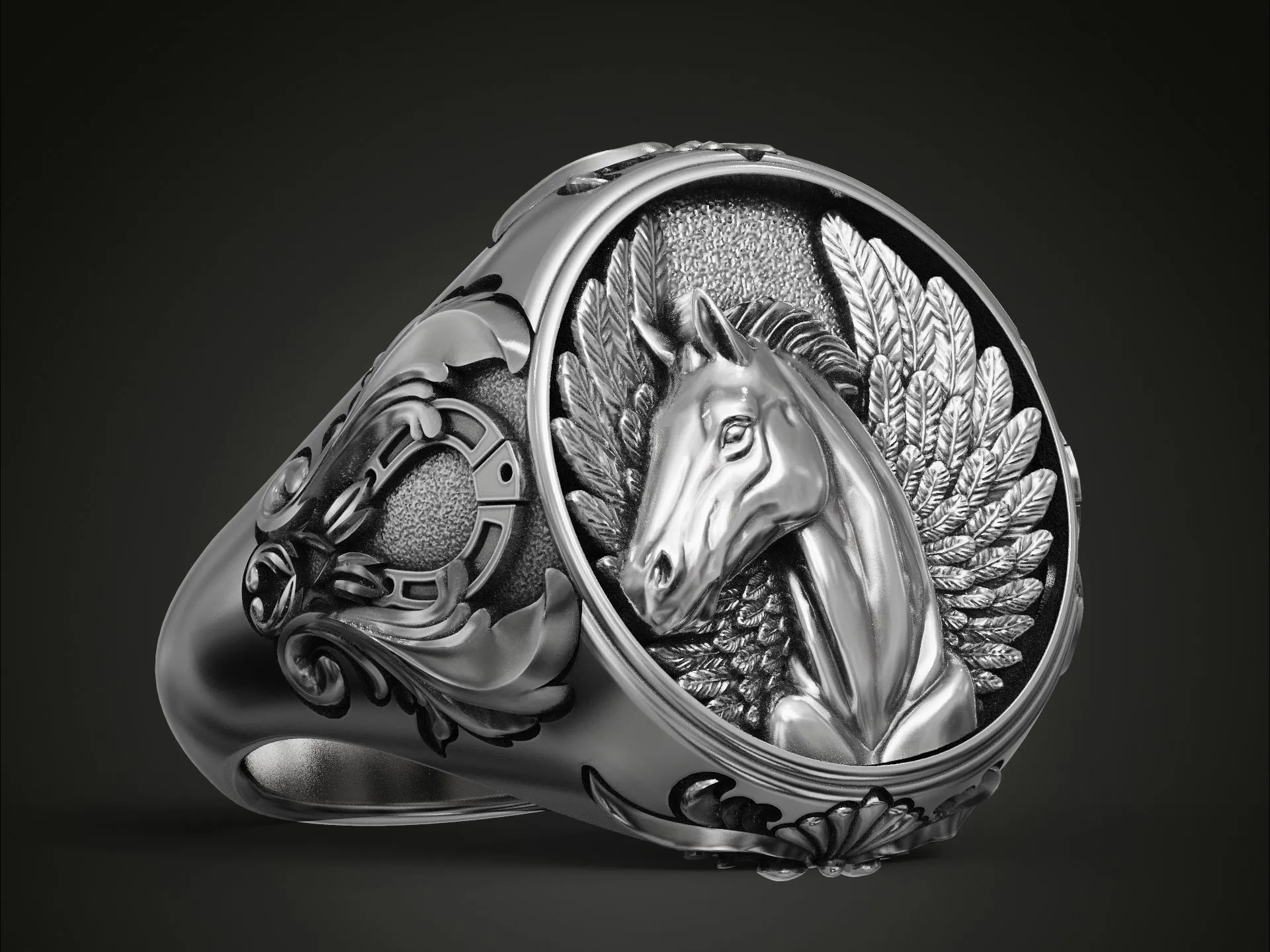Silver signet ring featuring a detailed Pegasus horse with wings design, symbolizing freedom and strength, perfect for those who embrace a bold style.