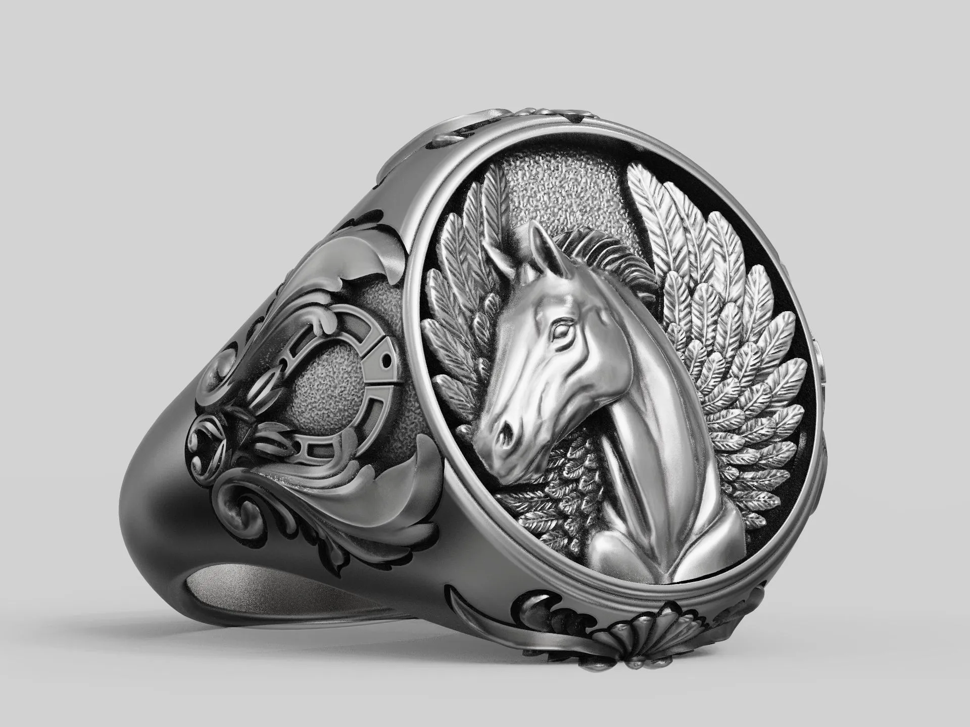 Silver signet ring featuring a detailed Pegasus horse with wings design, symbolizing freedom and strength, perfect for those who embrace a bold style.