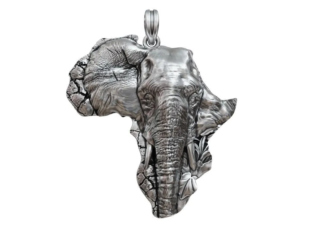 Silver pendant depicting an African elephant, symbolizing strength, family, and conservation.