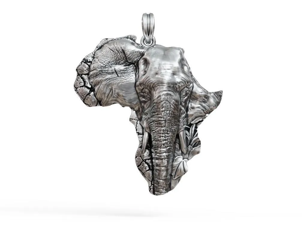 Silver pendant depicting an African elephant, symbolizing strength, family, and conservation.