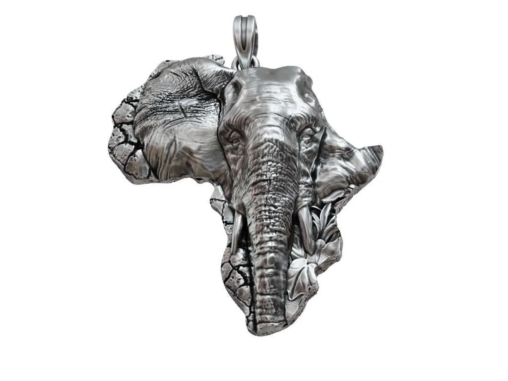 Silver pendant depicting an African elephant, symbolizing strength, family, and conservation.