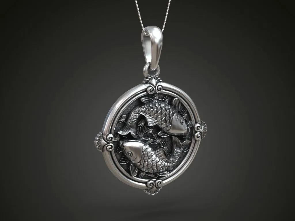 Small round silver pendant featuring elegantly designed koi carp, symbolizing good fortune and grace