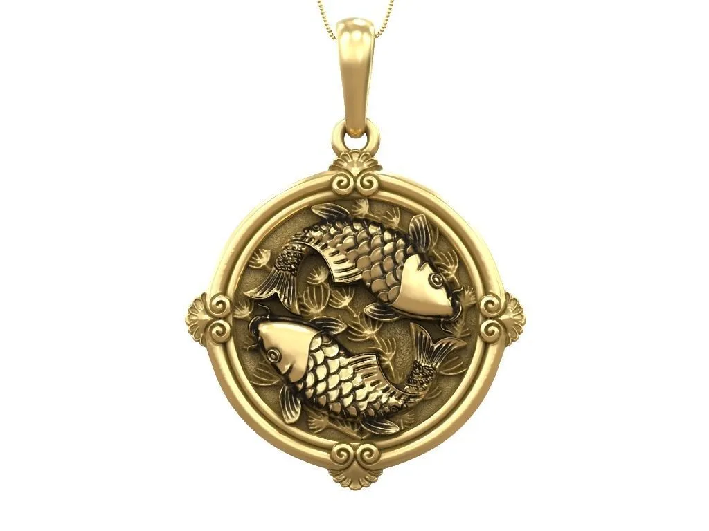 Small round silver pendant featuring elegantly designed koi carp, symbolizing good fortune and grace