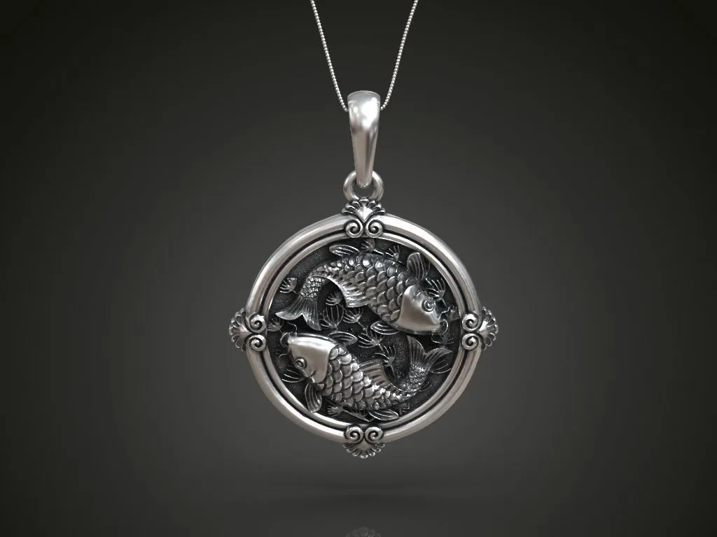 Small round silver pendant featuring elegantly designed koi carp, symbolizing good fortune and grace