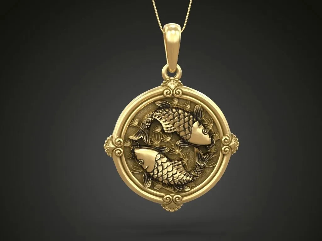 Small round silver pendant featuring elegantly designed koi carp, symbolizing good fortune and grace
