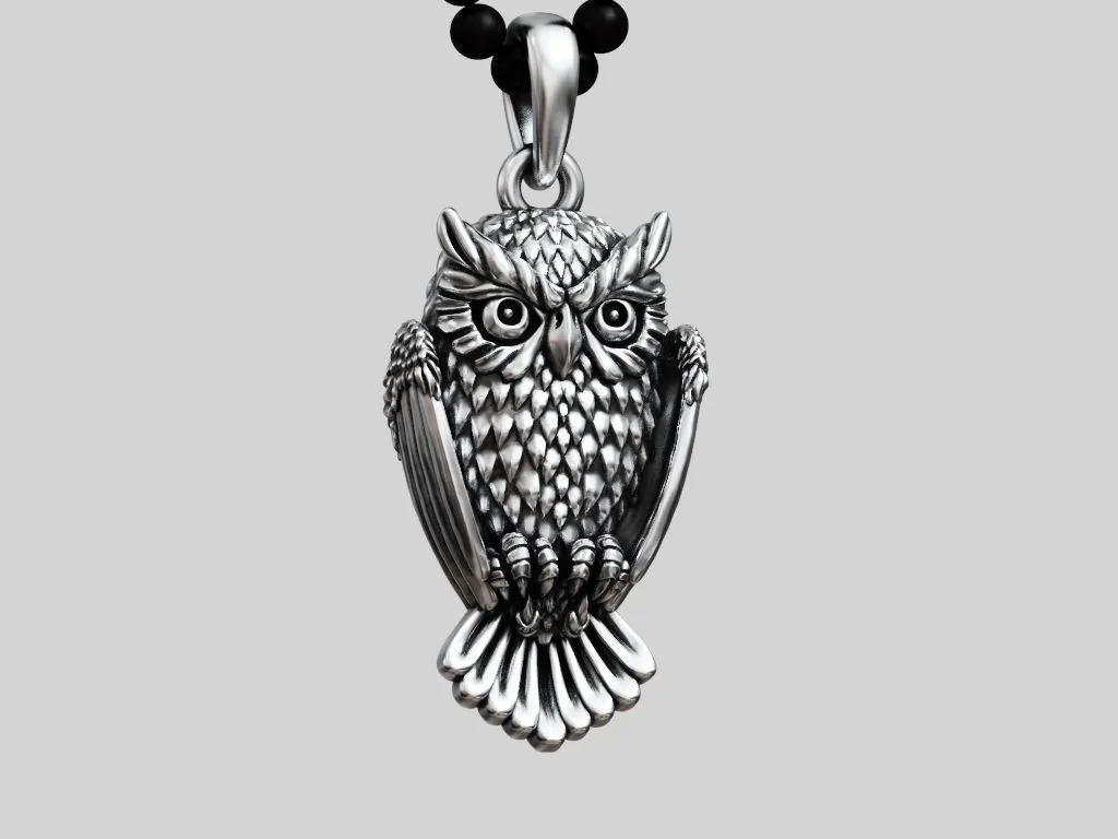 Silver pendant of an owl, intricately designed to showcase its detailed feathers and wise expression.