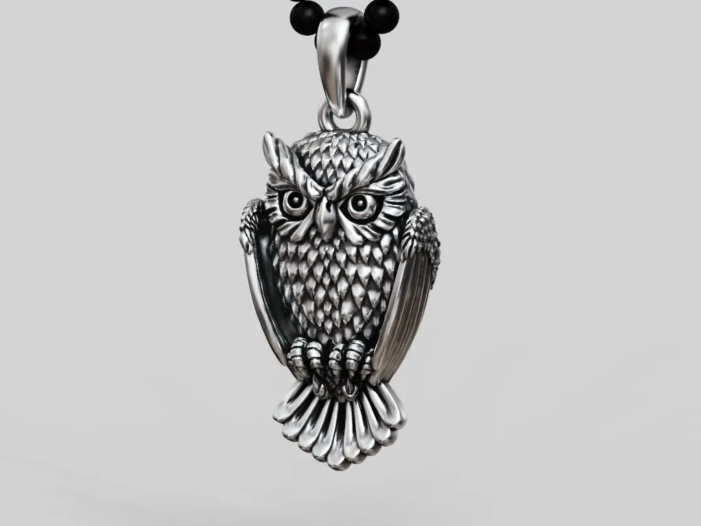 Silver pendant of an owl, intricately designed to showcase its detailed feathers and wise expression.