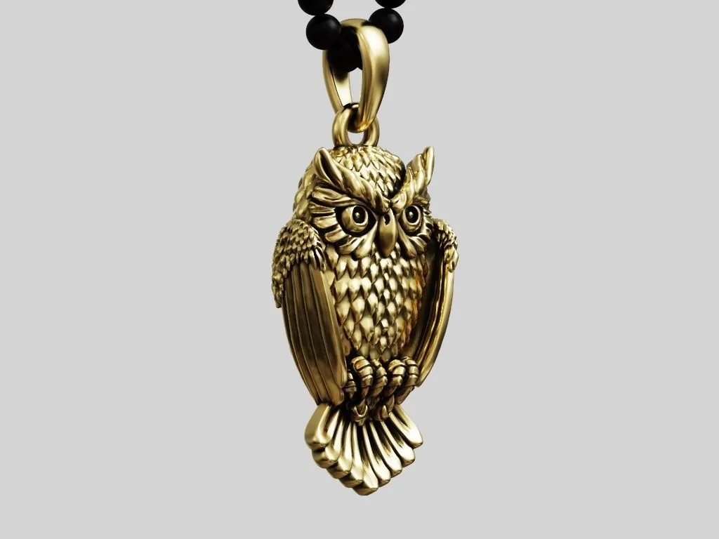 Silver pendant of an owl, intricately designed to showcase its detailed feathers and wise expression.