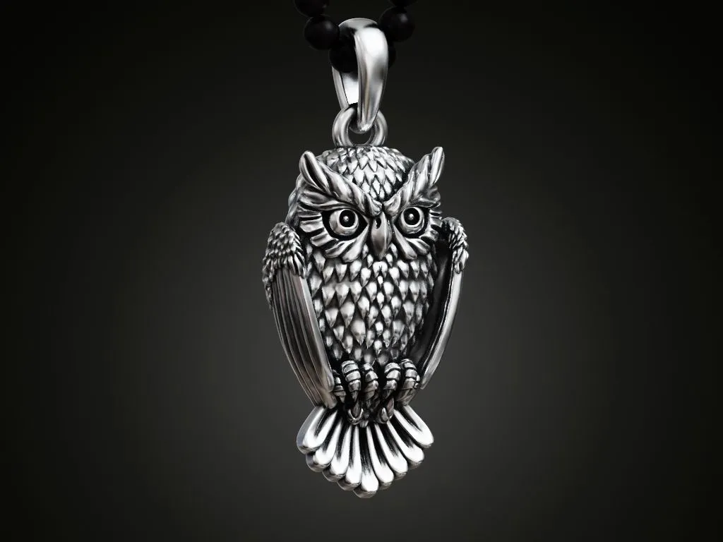 Silver pendant of an owl, intricately designed to showcase its detailed feathers and wise expression.