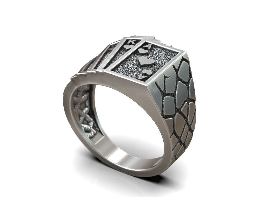 Playing Cards Poker Hearts Royal Flush Ring-3 Silver ring featuring a detailed depiction of a royal flush in hearts, symbolizing luck and strategy, perfect for those who embrace a bold style.