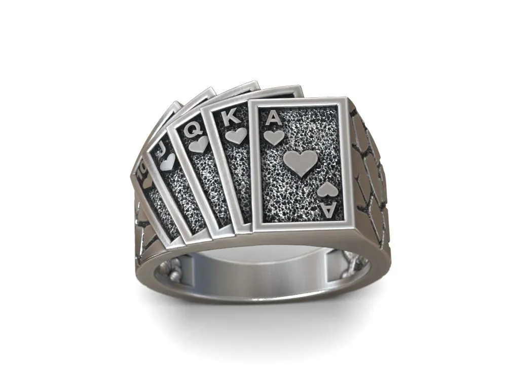 Playing Cards Poker Hearts Royal Flush Ring-4 Silver ring featuring a detailed depiction of a royal flush in hearts, symbolizing luck and strategy, perfect for those who embrace a bold style.