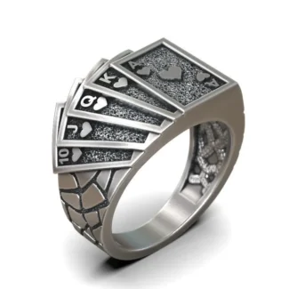 Silver ring featuring a detailed depiction of a royal flush in hearts, symbolizing luck and strategy, perfect for those who embrace a bold style.
