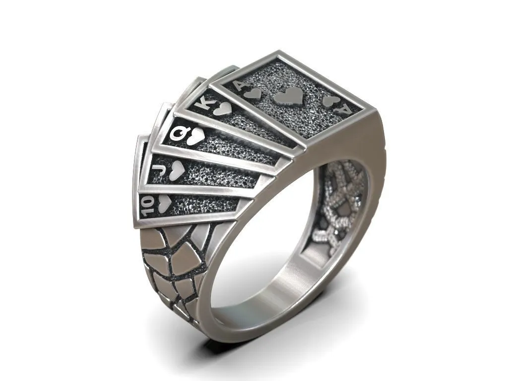 Playing Cards Poker Hearts Royal Flush Ring-7 Silver ring featuring a detailed depiction of a royal flush in hearts, symbolizing luck and strategy, perfect for those who embrace a bold style.