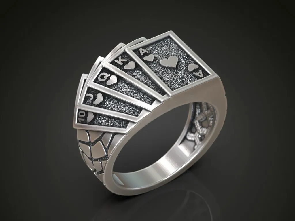 Playing Cards Poker Hearts Royal Flush Ring-8 Silver ring featuring a detailed depiction of a royal flush in hearts, symbolizing luck and strategy, perfect for those who embrace a bold style.