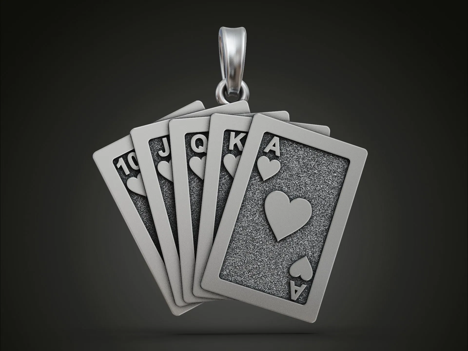 Poker Royal Flush Playing Cards Pendant-5 Silver pendant featuring a royal flush from the suit of spades, ideal for poker players and enthusiasts.