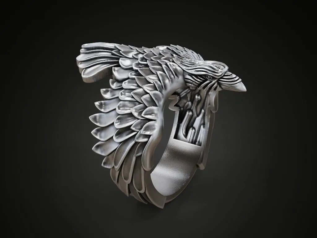 Raven Ring Wings Feathers-10 Silver ring featuring a detailed raven with wings and feathers design, symbolizing mystery and intelligence, perfect for those who embrace a bold style.