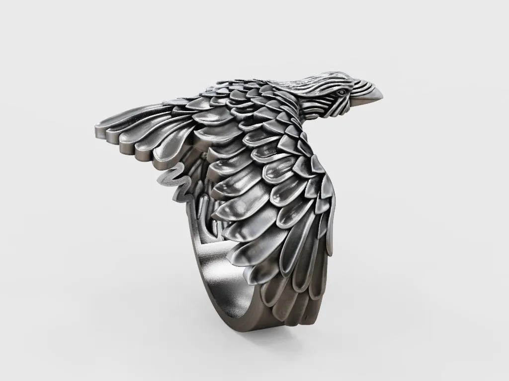 Raven Ring Wings Feathers-11 Silver ring featuring a detailed raven with wings and feathers design, symbolizing mystery and intelligence, perfect for those who embrace a bold style.