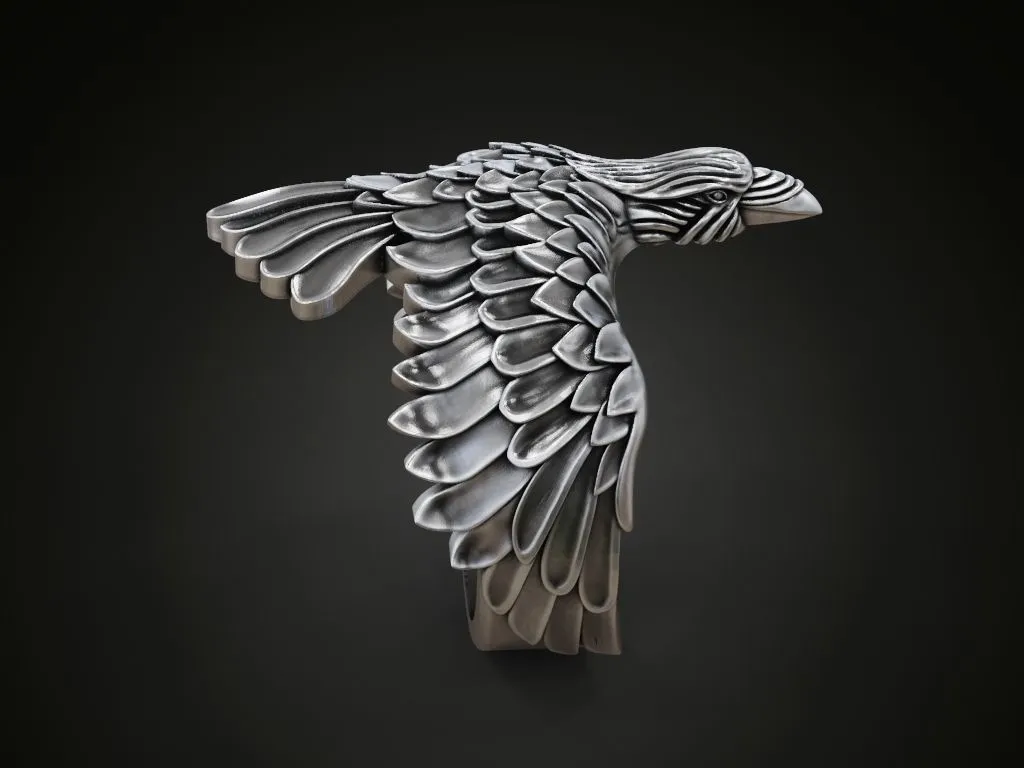 Raven Ring Wings Feathers-3 Silver ring featuring a detailed raven with wings and feathers design, symbolizing mystery and intelligence, perfect for those who embrace a bold style.