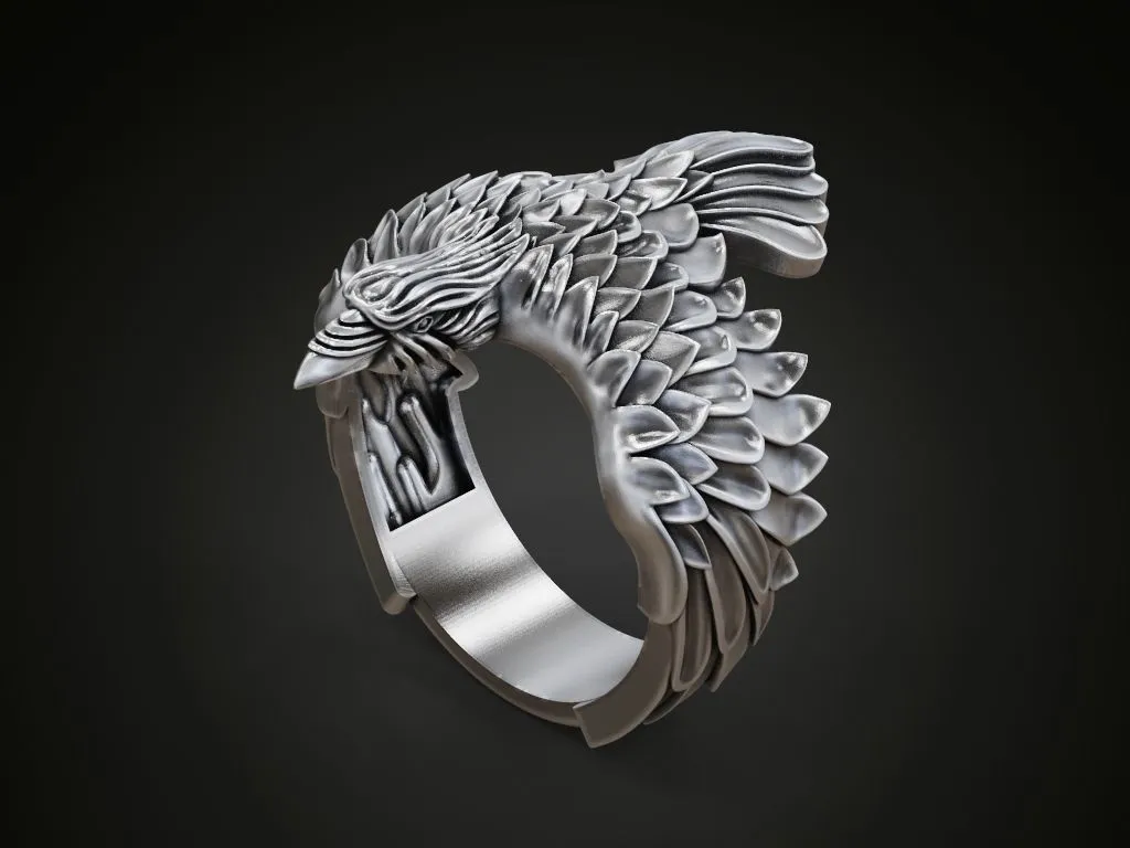 Raven Ring Wings Feathers-4 Silver ring featuring a detailed raven with wings and feathers design, symbolizing mystery and intelligence, perfect for those who embrace a bold style.