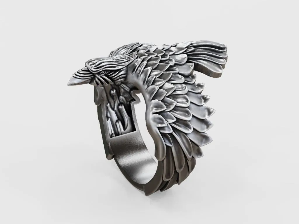 Raven Ring Wings Feathers-7 Silver ring featuring a detailed raven with wings and feathers design, symbolizing mystery and intelligence, perfect for those who embrace a bold style.