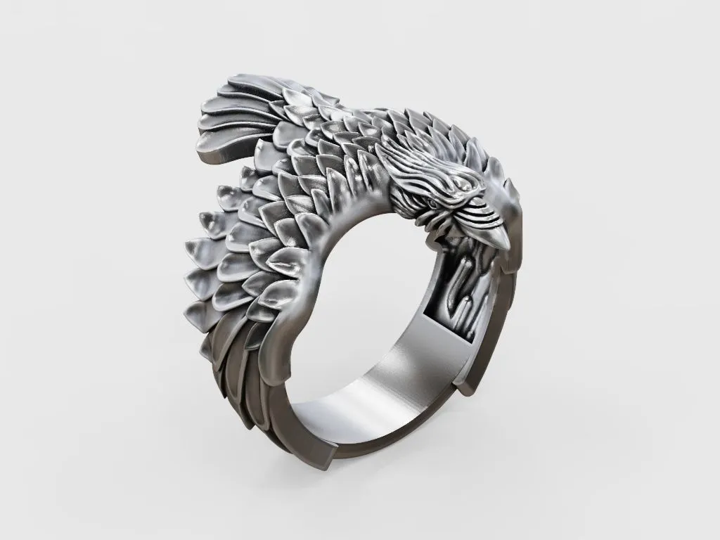 Raven Ring Wings Feathers-8 Silver ring featuring a detailed raven with wings and feathers design, symbolizing mystery and intelligence, perfect for those who embrace a bold style.