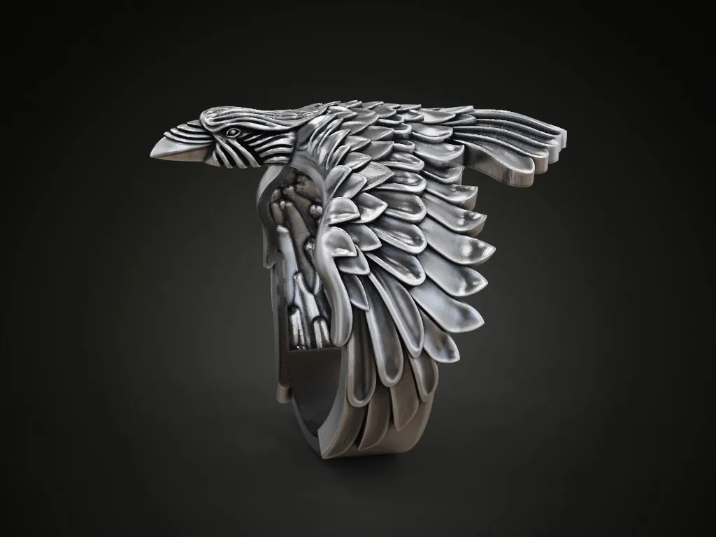 Raven Ring Wings Feathers-9 Silver ring featuring a detailed raven with wings and feathers design, symbolizing mystery and intelligence, perfect for those who embrace a bold style.