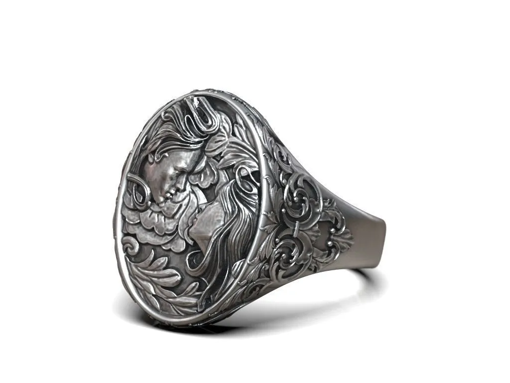 Silver ring featuring a detailed depiction of a woman's and man's faces intertwined with a floral pattern, symbolizing unity and beauty, perfect for those who embrace a bold style.