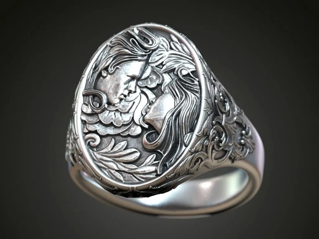 Silver ring featuring a detailed depiction of a woman's and man's faces intertwined with a floral pattern, symbolizing unity and beauty, perfect for those who embrace a bold style.
