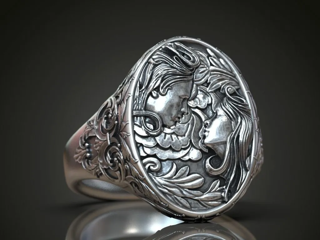 Silver ring featuring a detailed depiction of a woman's and man's faces intertwined with a floral pattern, symbolizing unity and beauty, perfect for those who embrace a bold style.