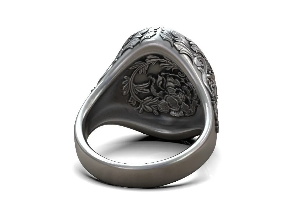 Silver ring featuring a detailed depiction of a woman's and man's faces intertwined with a floral pattern, symbolizing unity and beauty, perfect for those who embrace a bold style.