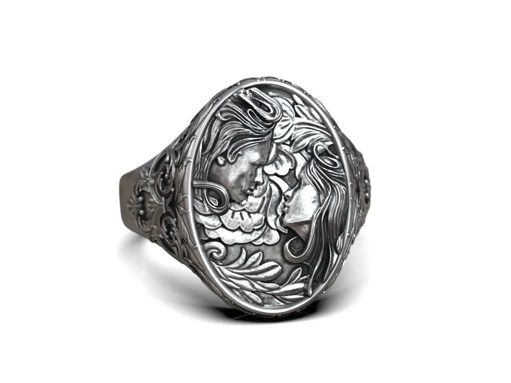 Silver ring featuring a detailed depiction of a woman's and man's faces intertwined with a floral pattern, symbolizing unity and beauty, perfect for those who embrace a bold style.