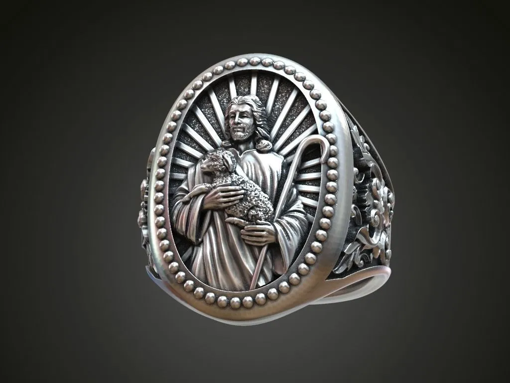 Silver ring featuring a detailed depiction of Jesus Christ holding a lamb, symbolizing compassion and faith, perfect for those who embrace a bold style.