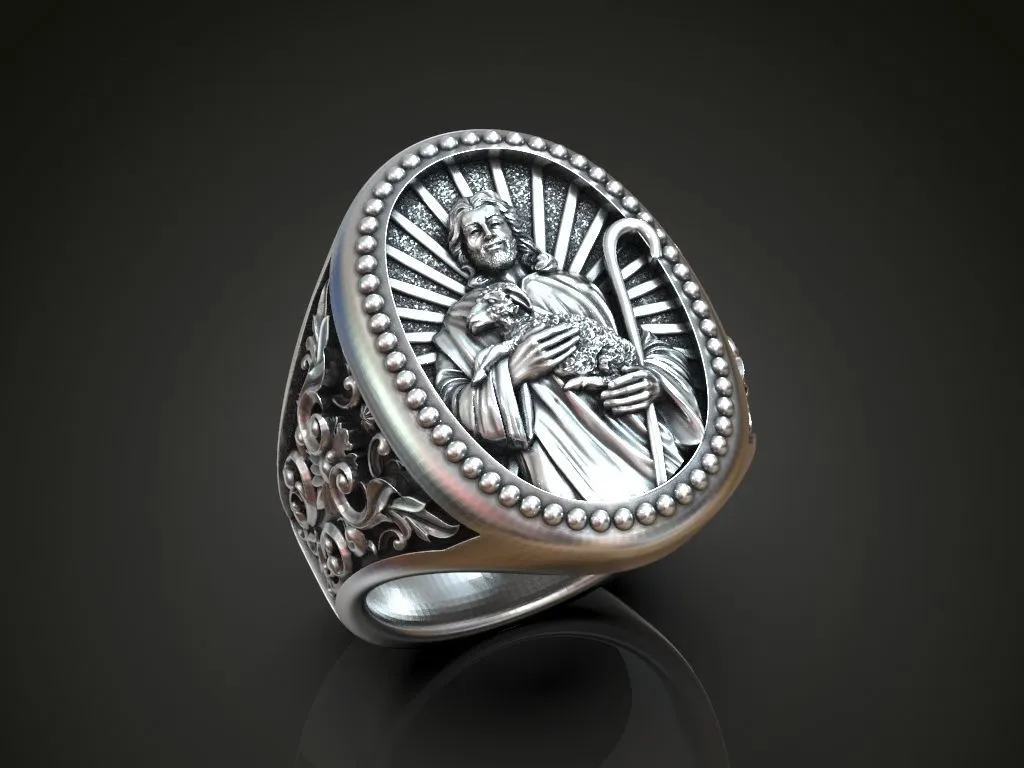 Silver ring featuring a detailed depiction of Jesus Christ holding a lamb, symbolizing compassion and faith, perfect for those who embrace a bold style.