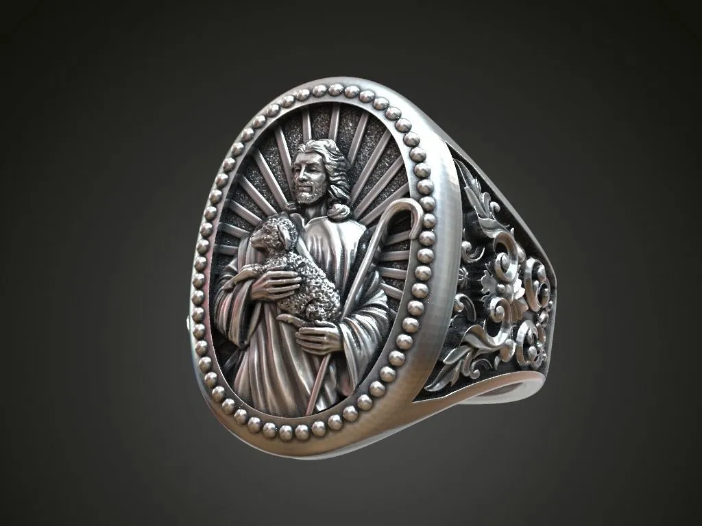Silver ring featuring a detailed depiction of Jesus Christ holding a lamb, symbolizing compassion and faith, perfect for those who embrace a bold style.