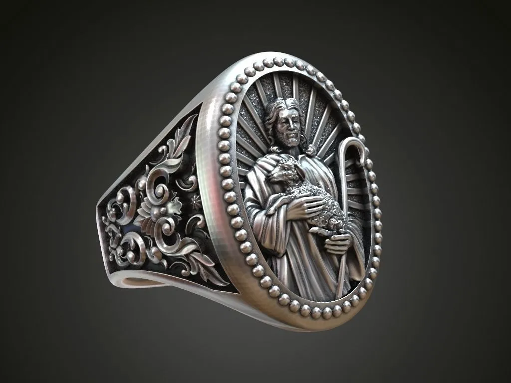 Silver ring featuring a detailed depiction of Jesus Christ holding a lamb, symbolizing compassion and faith, perfect for those who embrace a bold style.