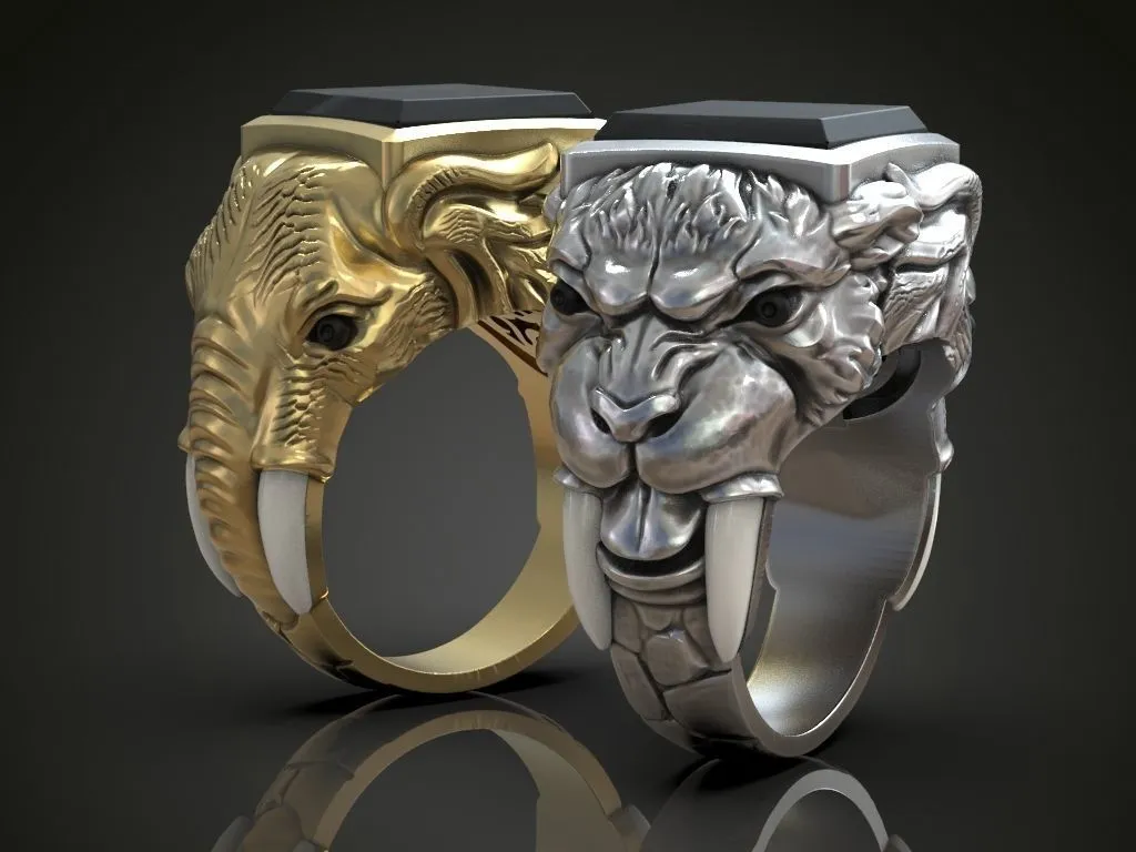 Ring Sabertooth Tiger and Elephant-11 Silver ring featuring a detailed depiction of a sabertooth tiger and an elephant, symbolizing power and majesty, perfect for those who embrace a bold style.