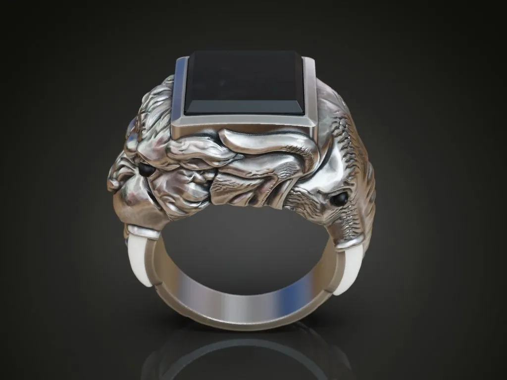 Ring Sabertooth Tiger and Elephant-12 Silver ring featuring a detailed depiction of a sabertooth tiger and an elephant, symbolizing power and majesty, perfect for those who embrace a bold style.