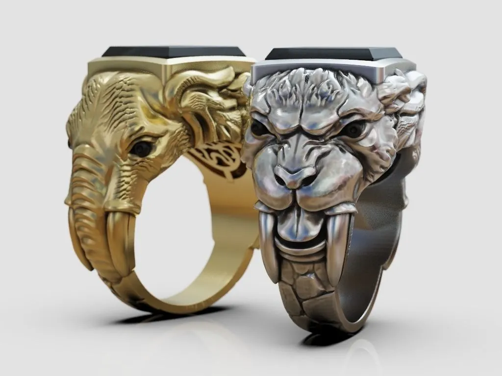 Ring Sabertooth Tiger and Elephant-13 Silver ring featuring a detailed depiction of a sabertooth tiger and an elephant, symbolizing power and majesty, perfect for those who embrace a bold style.