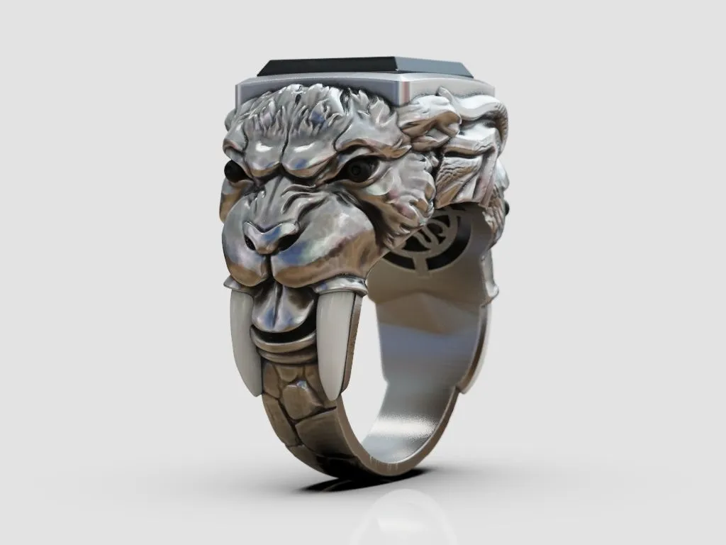 Ring Sabertooth Tiger and Elephant-4 Silver ring featuring a detailed depiction of a sabertooth tiger and an elephant, symbolizing power and majesty, perfect for those who embrace a bold style.