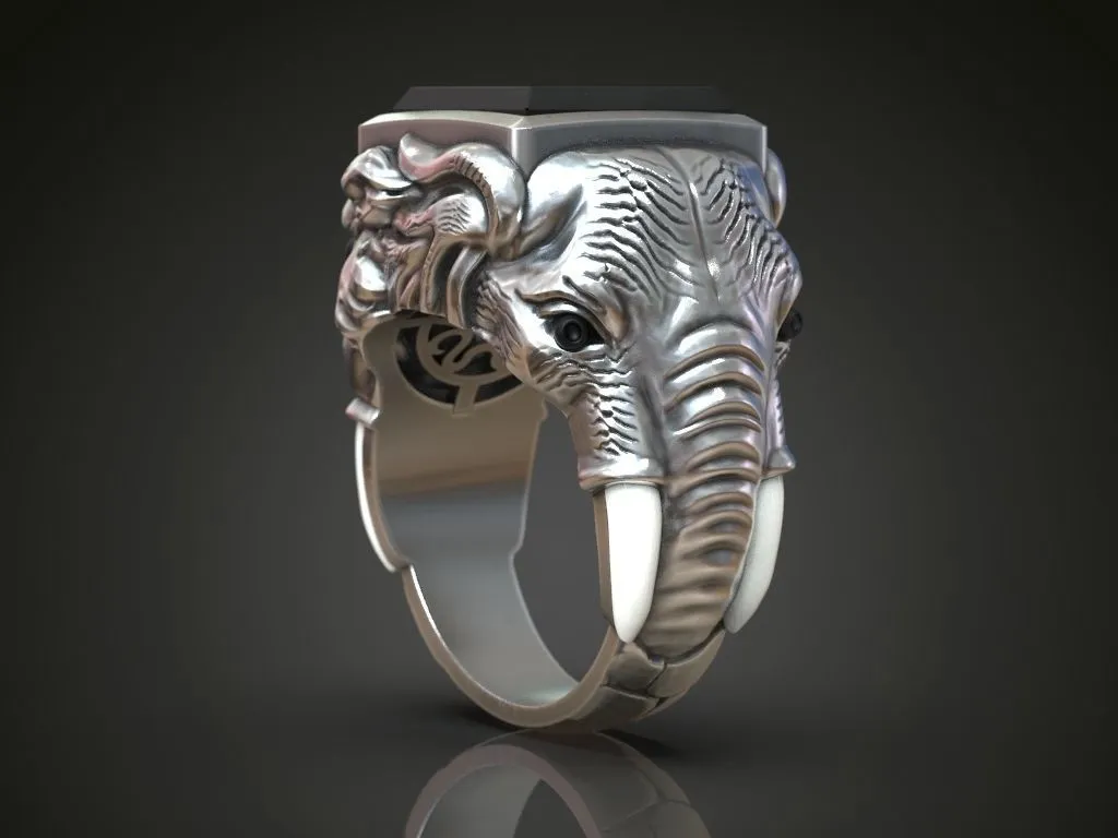 Ring Sabertooth Tiger and Elephant-5 Silver ring featuring a detailed depiction of a sabertooth tiger and an elephant, symbolizing power and majesty, perfect for those who embrace a bold style.