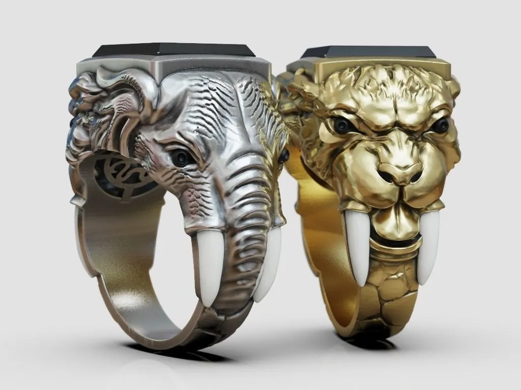 Ring Sabertooth Tiger and Elephant-7 Silver ring featuring a detailed depiction of a sabertooth tiger and an elephant, symbolizing power and majesty, perfect for those who embrace a bold style.