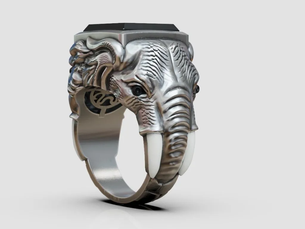 Ring Sabertooth Tiger and Elephant-9 Silver ring featuring a detailed depiction of a sabertooth tiger and an elephant, symbolizing power and majesty, perfect for those who embrace a bold style.