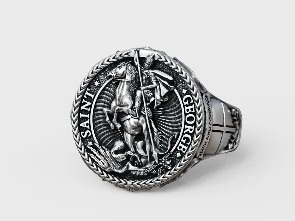 Silver ring featuring a detailed depiction of Saint George slaying the dragon, symbolizing courage and triumph, perfect for those who embrace a bold style.