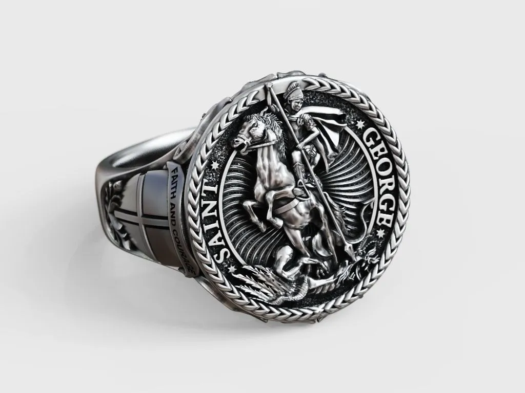 Silver ring featuring a detailed depiction of Saint George slaying the dragon, symbolizing courage and triumph, perfect for those who embrace a bold style.