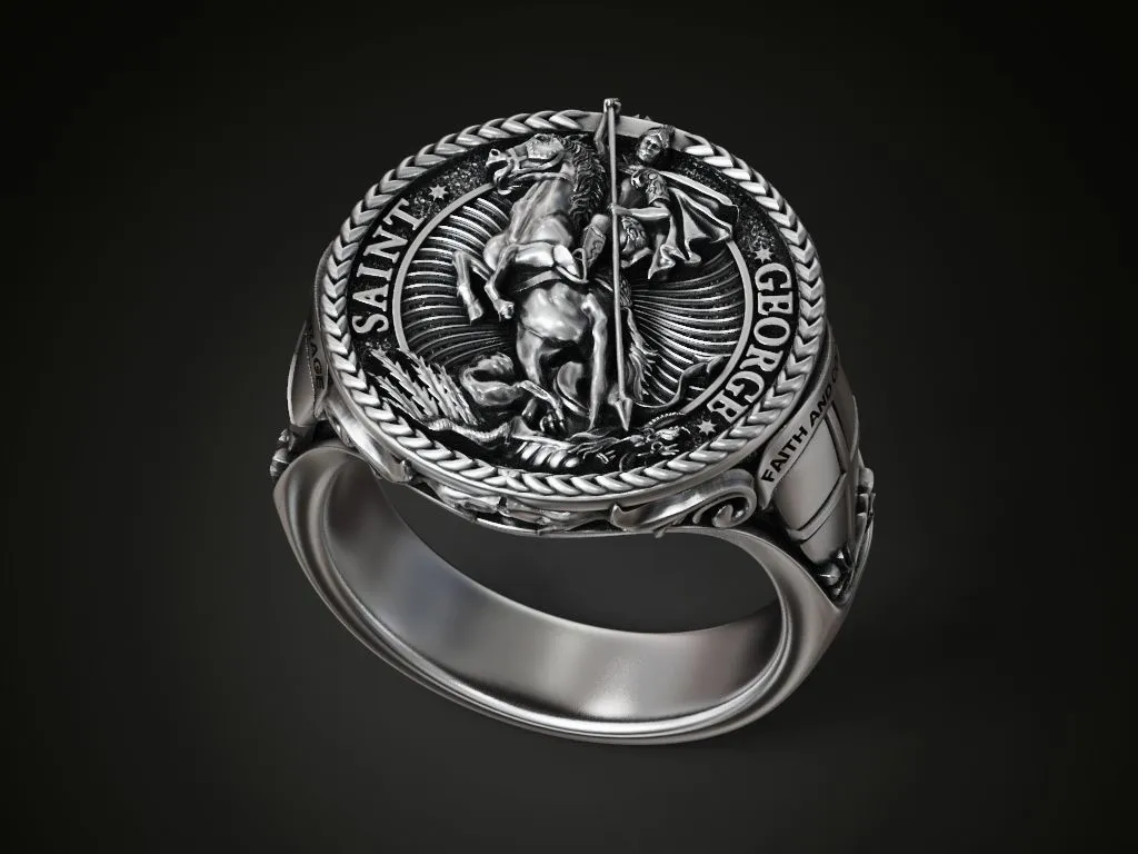 Silver ring featuring a detailed depiction of Saint George slaying the dragon, symbolizing courage and triumph, perfect for those who embrace a bold style.