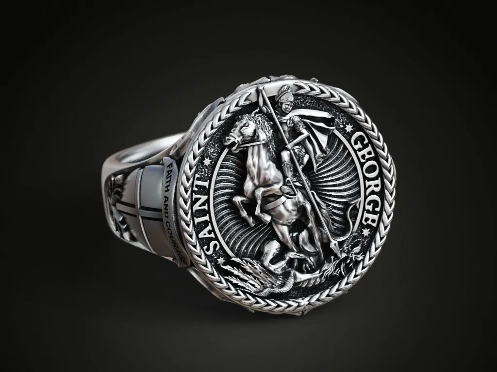 Silver ring featuring a detailed depiction of Saint George slaying the dragon, symbolizing courage and triumph, perfect for those who embrace a bold style.