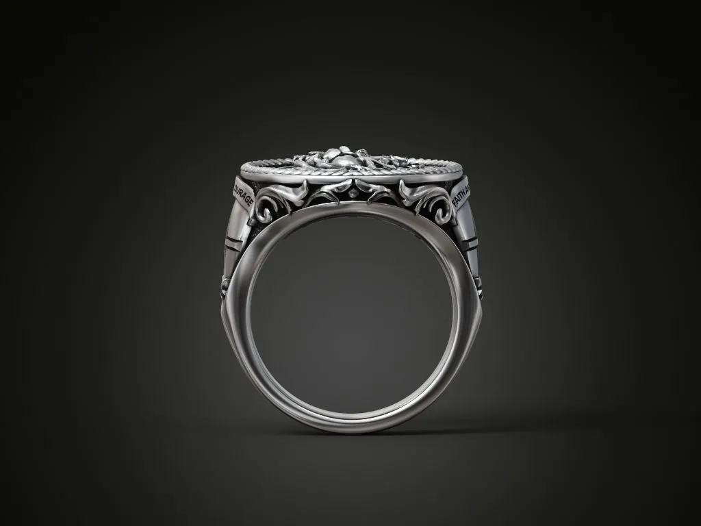 Silver ring featuring a detailed depiction of Saint George slaying the dragon, symbolizing courage and triumph, perfect for those who embrace a bold style.