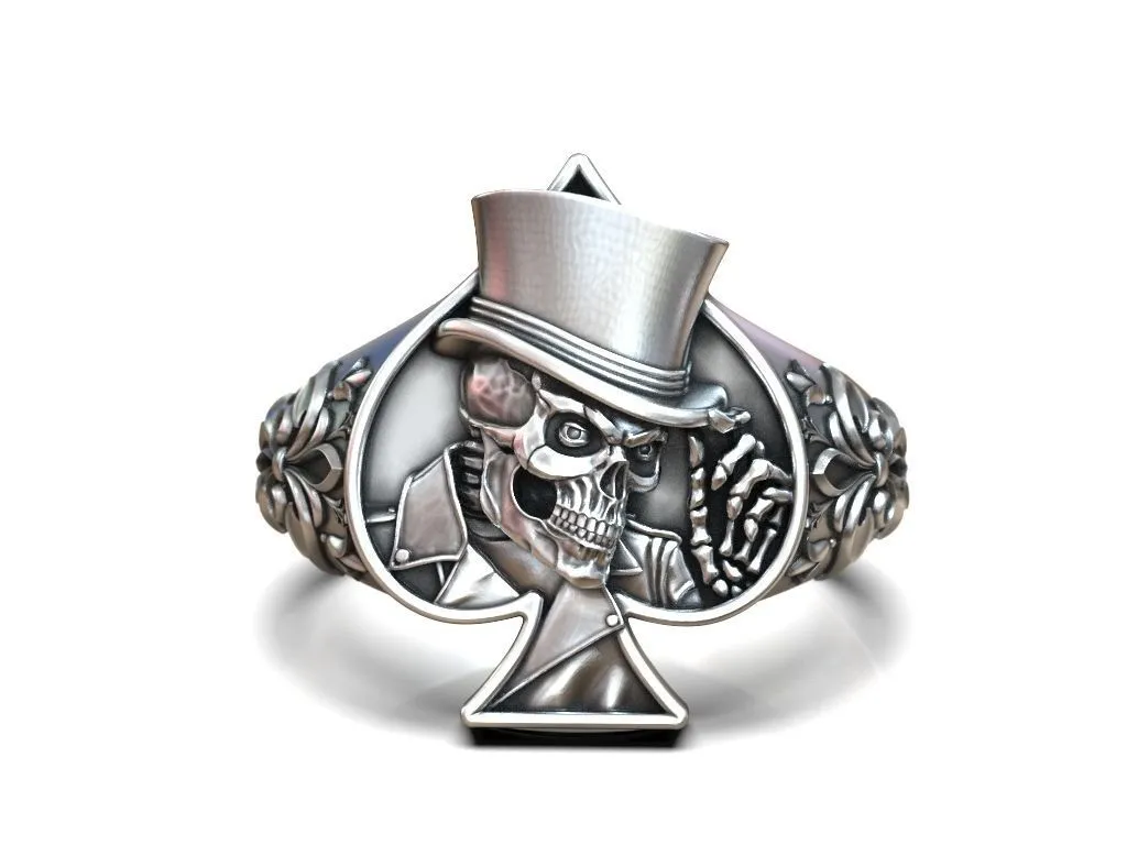 Silver ring featuring a detailed skull wearing a hat adorned with a spades playing card, symbolizing mystery and style, perfect for those who embrace a bold look.