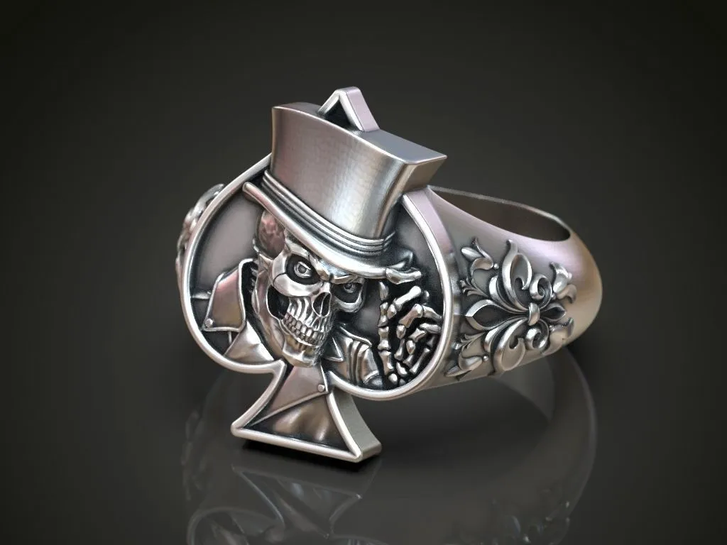 Silver ring featuring a detailed skull wearing a hat adorned with a spades playing card, symbolizing mystery and style, perfect for those who embrace a bold look.